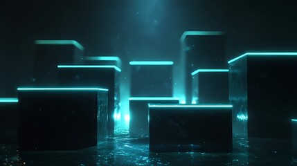 A glowing grid of futuristic cubes illuminated in teal neon light. Features reflective surfaces, clean geometric lines, and a modern sci-fi atmosphere. Great for tech visuals, interfaces, and digital.