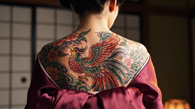 Woman with Traditional Japanese Tattoo - An elegant woman displays a traditional Japanese tattoo art of a phoenix and flowers on her back.