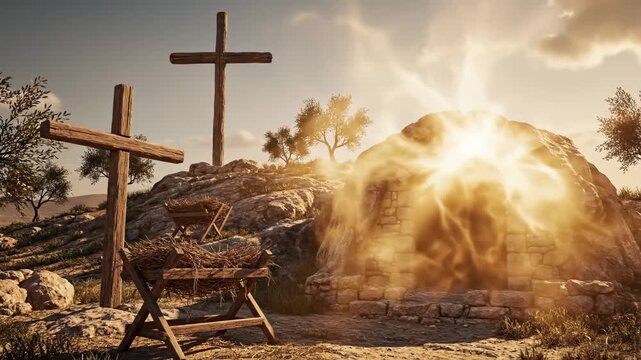 Resurrection Scene with Tomb, Crosses, and Manger - This video depicts a scene symbolizing the journey from birth to resurrection, featuring an empty manger and crosses on a hill.