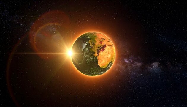 Earth from space with sunrise glow, lens flare, visible continents, stars and Milky Way backdrop.