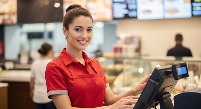 Smiling female server in red uniform operates a POS terminal at a bustling food counter