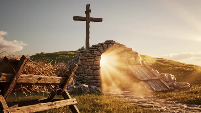 Empty Manger, Cross, and Empty Tomb - This video depicts an empty wooden manger in the foreground and a cross standing on a hill. Sunlight streams from an empty stone tomb, symbolizing resurrection.