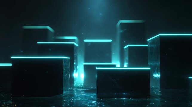 A glowing grid of futuristic cubes illuminated in teal neon light. Features reflective surfaces, clean geometric lines, and a modern sci-fi atmosphere. Great for tech visuals, interfaces, and digital.