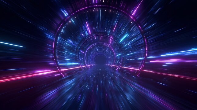 A glowing neon tunnel with vibrant magenta and blue lights, creating a warp-speed motion effect. Ideal for sci-fi, futuristic interfaces, music visuals, and high-energy digital backgrounds.