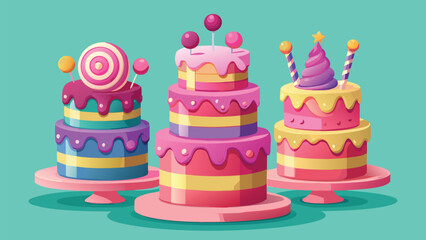 Three distinct birthday cakes in various colors, each topped with candles, ready for celebration..eps