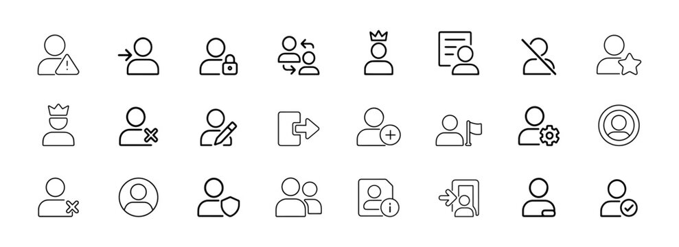 User account line icon set. Vector pictograms of profile avatar, login, admin, guest, details, list, info, secure, identity, access, manage, contact, thin linear illustration.