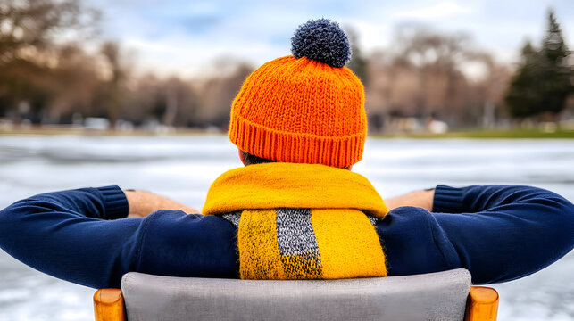 Embrace winter tranquility watching the frozen lake in stylish hat and scarf, find your inner peace and quiet contemplation on a chilly, bright day - Powered by Adobe