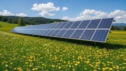Solar panels stretch across a sunlit meadow of yellow flowers, backed by green hills