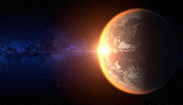 Earth from space with sunrise glow, lens flare, visible continents, stars and Milky Way backdrop.