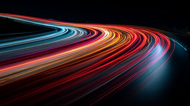 Capturing the mesmerizing movement of light trails from speeding vehicles on a winding road, creating a dynamic and colorful night scene that enchants viewers everywhere.