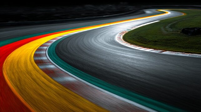 Curved racetrack at night showcasing vibrant colors that highlight the asphalt as cars race through the bends, creating an exhilarating atmosphere of speed and competition.