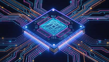 Futuristic AI Microchip with Neon Circuit Connections