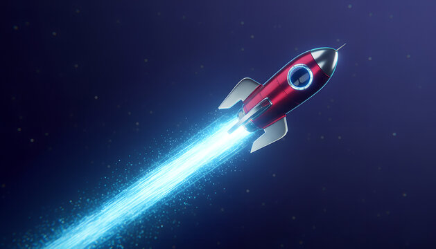 Red rocket flying through deep space with bright energy trail, futuristic spacecraft motion, night sky stars and dynamic cosmic travel illustration