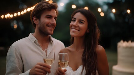 A happy couple toasts with wine glasses outdoors at dusk illuminated by festive string lights with a cake in the background