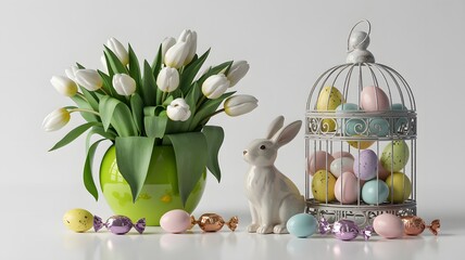 Easter bunny and tulips in decorative cage