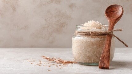 Glass jar with exfoliating scrub and wooden spoon, rustic charm. Spa treatment ready to rejuvenate your skin naturally. A touch of nature's healing.