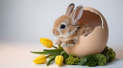 Adorable bunny hatches from egg with tulips