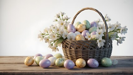 Easter basket overflowing with colorful eggs and flowers