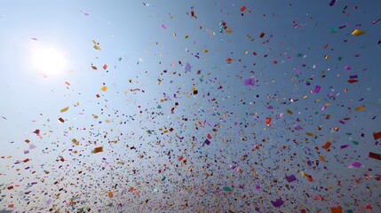 A colorful shower of confetti falls through a bright blue sky on a sunny day creating a festive atmosphere