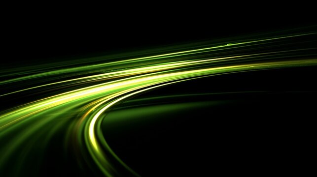 Capturing dynamic neon light trails against a dark background, this image showcases abstract patterns that evoke feelings of speed, energy, and modern design aesthetics.
