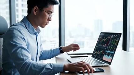 Man Analyzing Stock Data in Modern Office - A focused Asian man with glasses analyzes stock market data on a laptop while holding a smartphone in a bright office setting. - Powered by Adobe