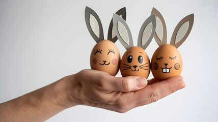 Hand holds three adorable easter bunny eggs