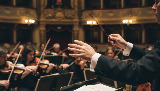 A conductor leading an orchestra in a grand concert hall during a classical music performance