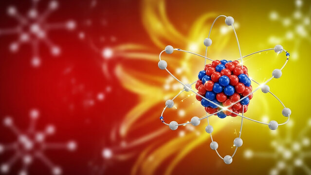 abstract blue  and red round with molecule, Detailed model of atom showing electrons neutrons and protons. Atom model with electrons orbiting nucleus. Science model of atomic structure with particles.