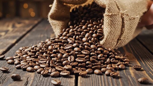 Fresh Coffee Beans Spilling from Burlap Sack - A rustic burlap sack overflowing with fresh coffee beans, spills onto a textured wooden table.