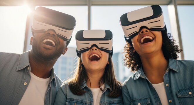 Three diverse individuals laughing joyfully while wearing virtual reality headsets indoors