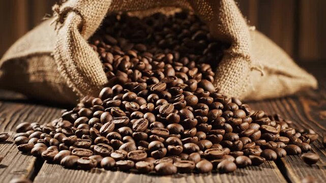 Fresh Coffee Beans Overflowing from Burlap Sack - A close-up shot showcases fresh, roasted coffee beans spilling from a rustic burlap sack onto a dark wooden table surface.