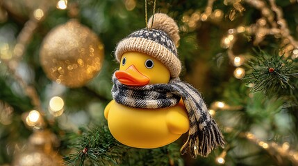 Fototapeta premium Festive rubber ducky Christmas ornament, dressed in a cozy hat and scarf, hangs amidst twinkling lights and green pine needles on a decorated Christmas tree.