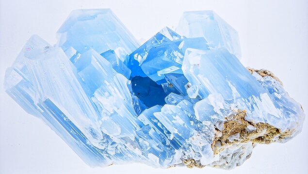 A single piece of raw celestite with pale blue color and crystal clusters, isolated on white background.