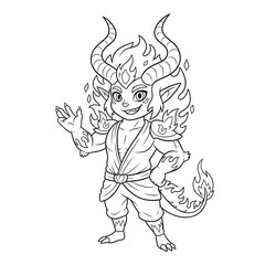 Fototapeta premium Chibi Dragon Demon with Fire Wings and Horns Line Art Fantasy Character Design