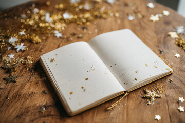 open notebook on wooden table with golden glitter and scattered stars creating festive creative mood in warm soft light, concept of stationery branding and holiday content makers