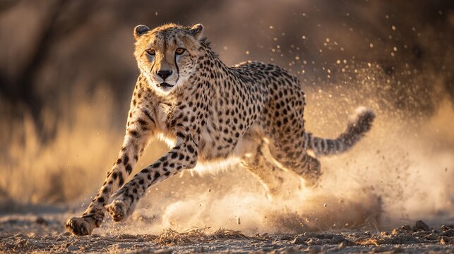 Cheetah mid-sprint, kicking up dust in a golden-lit landscape. Power, speed, and precision are on display as this apex predator dominates its natural habitat.