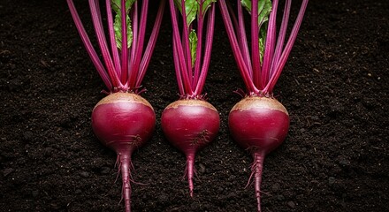 Vibrant crimson beet roots emerge from rich, dark soil, showcasing their earthy beauty and fresh organic growth in a natural setting ,root ,organic ,fresh
