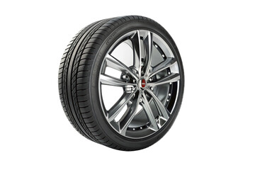 Obraz premium Shiny silver alloy rim with high quality tire, modern automotive wheel, detailed metal spokes, realistic car tyre for transport, performance and automotive engineering