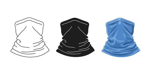 Three Neck gaiter or bandana icons showing outline, solid black, and blue realistic fabric style