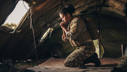 Soldier prays inside a tent during daylight.
