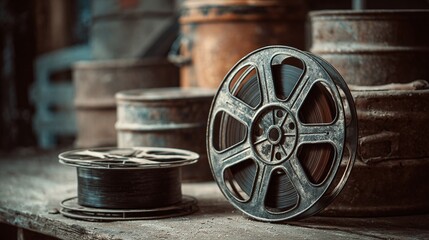 Obraz premium A vintage film reel resting on a worn wooden surface, backed by aged metal containers, evokes a sense of cinematic history and nostalgic storytelling.