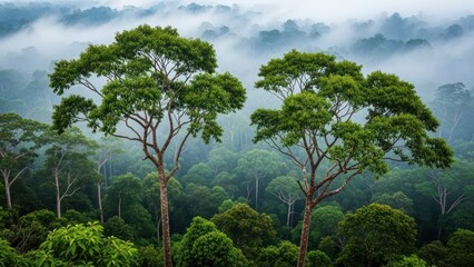 Obraz premium Two tall trees rise above a dense, misty, green tropical rainforest canopy at dawn