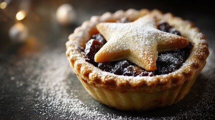 Fototapeta premium Close-up of a delicious mince pie dusted with powdered sugar, topped with a star-shaped pastry, and set against a festive background with blurred lights. Perfect for the holidays.