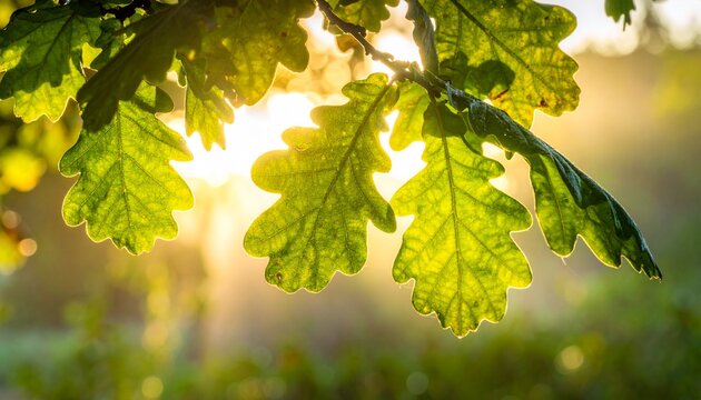 Sunlit green oak leaves glowing with backlight, veins visible, soft forest blur in background.