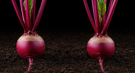 Vibrant crimson beet roots emerge from rich, dark soil, showcasing their earthy beauty and fresh organic growth in a natural setting ,uncooked ,earthy ,farm