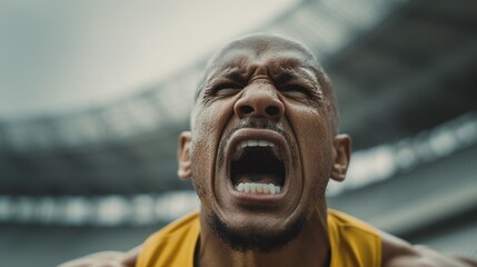 An intense close-up reveals a man, face contorted in exertion and emotion. Sweat glistens as he shouts, his expression a display of raw effort and determination. The stadium looms behind him.