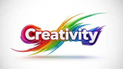 Vibrant 3D 'Creativity' text with rainbow streaks, glossy effect on white