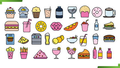 cartoon food and drink icons including burgers donuts ice cream and beverages