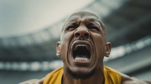 An intense close-up reveals a man, face contorted in exertion and emotion. Sweat glistens as he shouts, his expression a display of raw effort and determination. The stadium looms behind him.