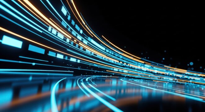 Vibrant blue and orange light trails in motion, symbolizing data, speed, and energy